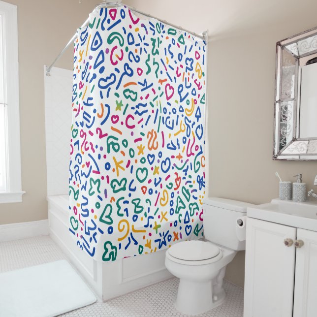 Fun doodle colourful vibrant shapes shower curtain (In Situ)