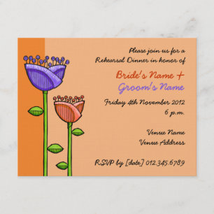 Fun Doodle Flowers orange purple Rehearsal Invitation