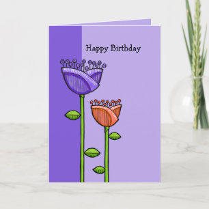 Fun Doodle Flowers purple orange Birthday Card