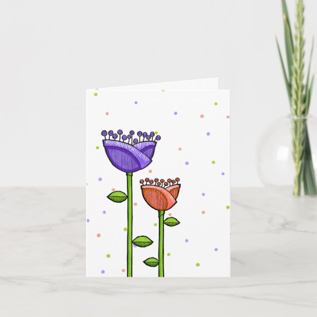 Fun Doodle Flowers purple orange dots Note Card (Front)