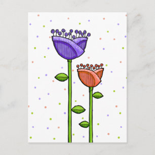 Fun Doodle Flowers purple orange dots Postcard