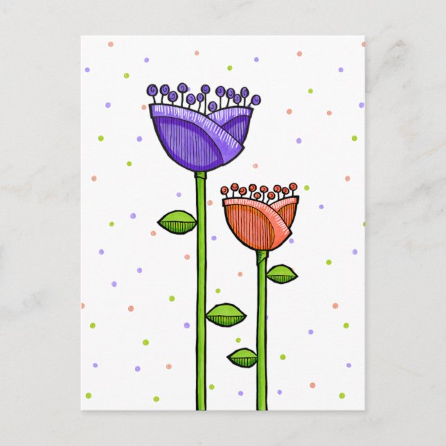 Fun Doodle Flowers purple orange dots Postcard (Front)