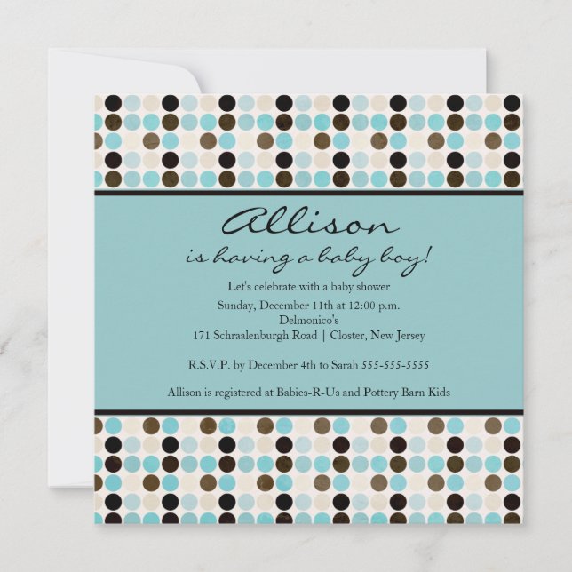FUN Dots Blue & Brown Boy Baby Shower Invitation (Front)