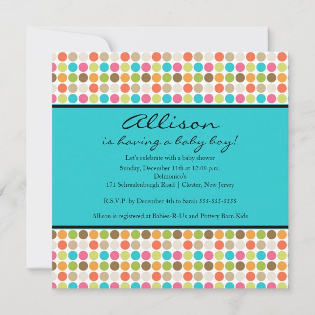 FUN Dots TURQUOISE Baby Girl or Boy Shower Invitation (Front)