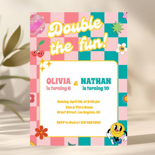 Fun Double Birthday Party Joint Siblings Boy Girl Invitation