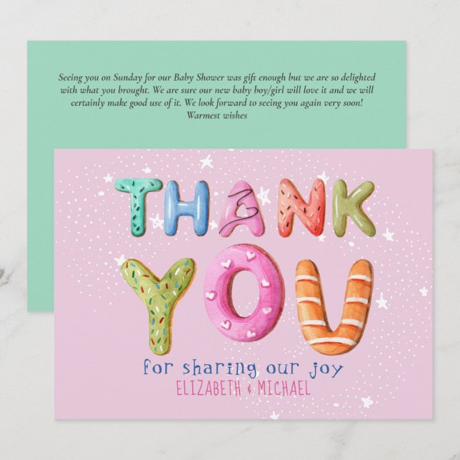 Fun Doughnut Letter Blush Pink Sage Green THANK YO Invitation (Front/Back)