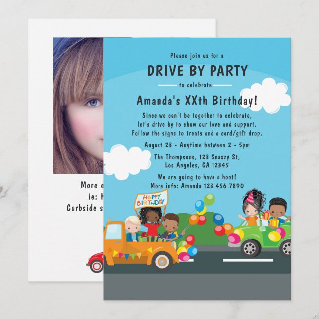 Fun Drive By Birthday Parade Party Photo Invitation (Front/Back)