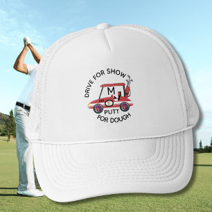 Fun Drive For Show Red Cart Monogram Trucker Hat