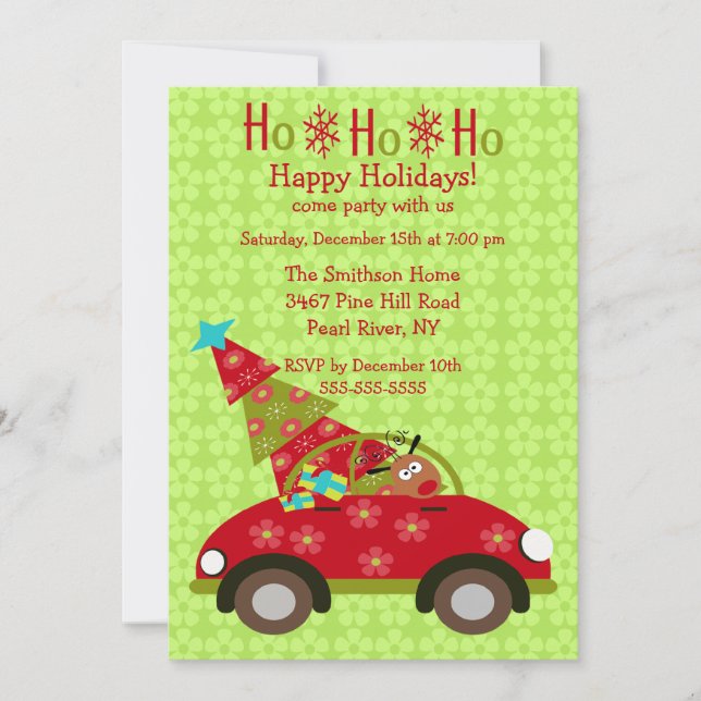 Fun Driving Reindeer with Tree Holiday Party Invitation (Front)
