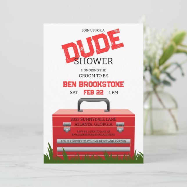 Fun Dude Groom Toolbox Wedding Shower Invitation (Standing Front)