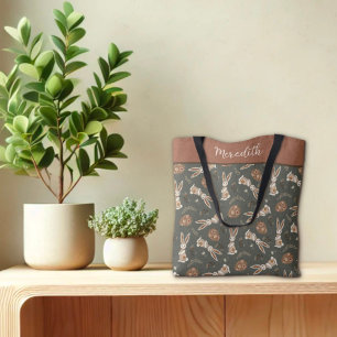 Fun Easter Bunny Egg Folk Pattern Custom Name Tote Bag