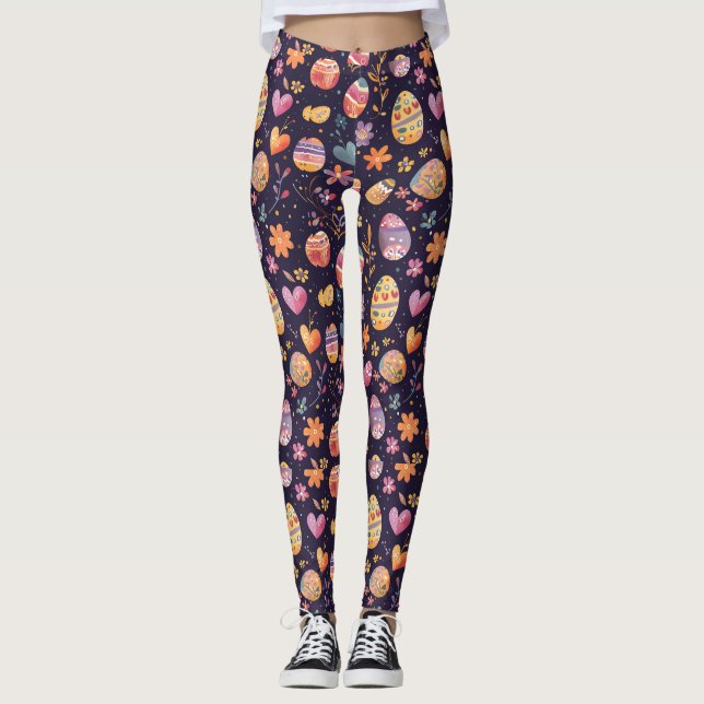 Fun Easter Eggs and Flowers Pattern Leggings (Front)
