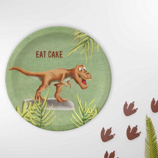 Fun Eat Cake Greenery T-Rex Children Party Paper Plate (Creator Uploaded)