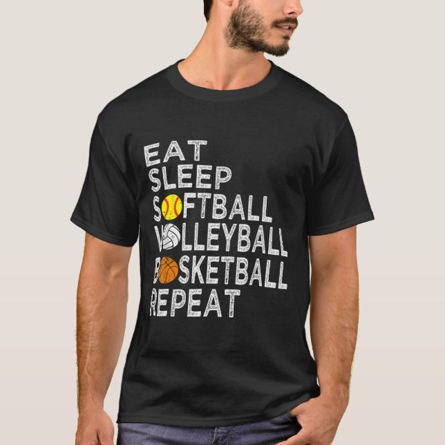 Fun Eat Sleep Softball Volleyball Basketball Boys  T-Shirt (Front)