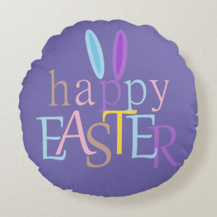 Fun Elegant Colourful Bunny Happy Easter on Purple Round Cushion