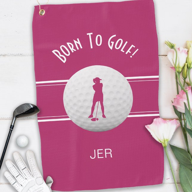 Fun Elegant Golfer Sports Silhouette Pink Modern Golf Towel (Born to Golf Custom Golfer Silhouette Pink & White Custom Monogrammed Intials Golf Towel for Her)