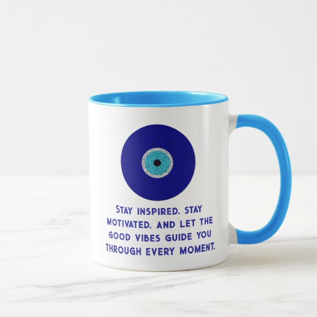 Fun Elegant Good Vibes Blue Evil Eye Heart Pattern Mug (Right)