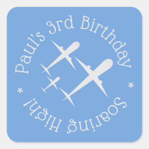 Fun, Elegant Personalised Birthday Aeroplanes Blue Square Sticker
