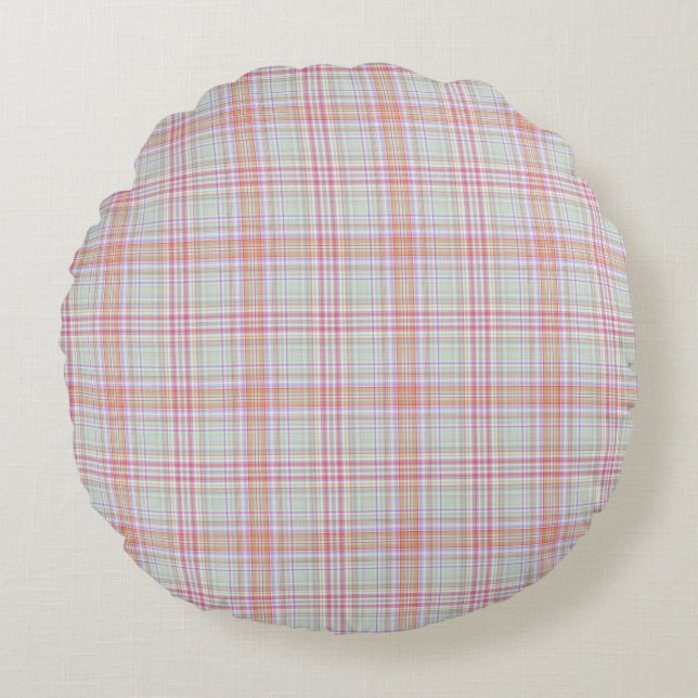 Fun Elegant Pink and Green Modern Plaid Pattern Round Cushion (Front)