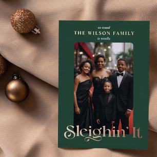 Fun Emerald Green Sleighin It Family Photo Foil Holiday Card