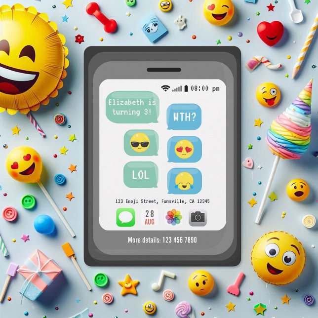 Fun Emoji Text Message Kids Birthday Party Invitation (Fun Emoji Text Message Kids Birthday Party Invitation)