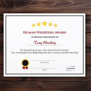 Fun Employee Award Certificate - Human Wikipedia
