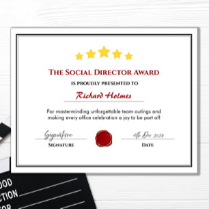 Fun Employee Award Certificate - Social Director