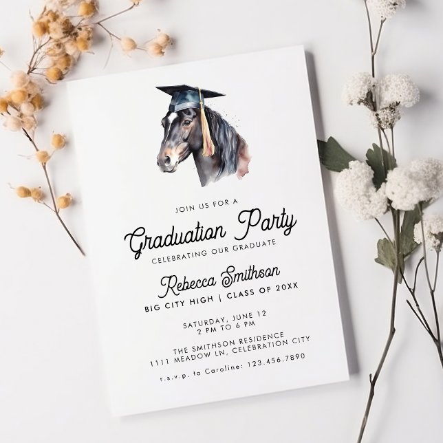 Fun Equestrian Watercolor Horse Photo Graduation Invitation (Creator Uploaded)