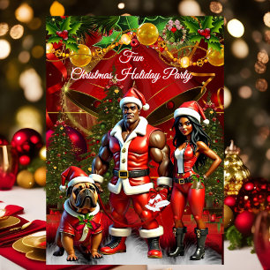 Fun Ethnic Christmas Holiday Red Couple Dog Invitation