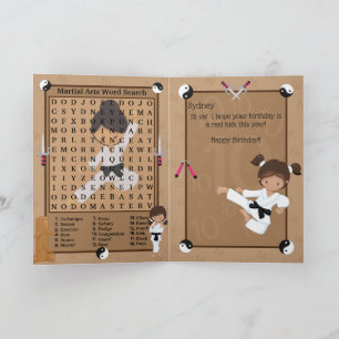 Fun Ethnic Girls Karate Word Search Happy Birthday Card