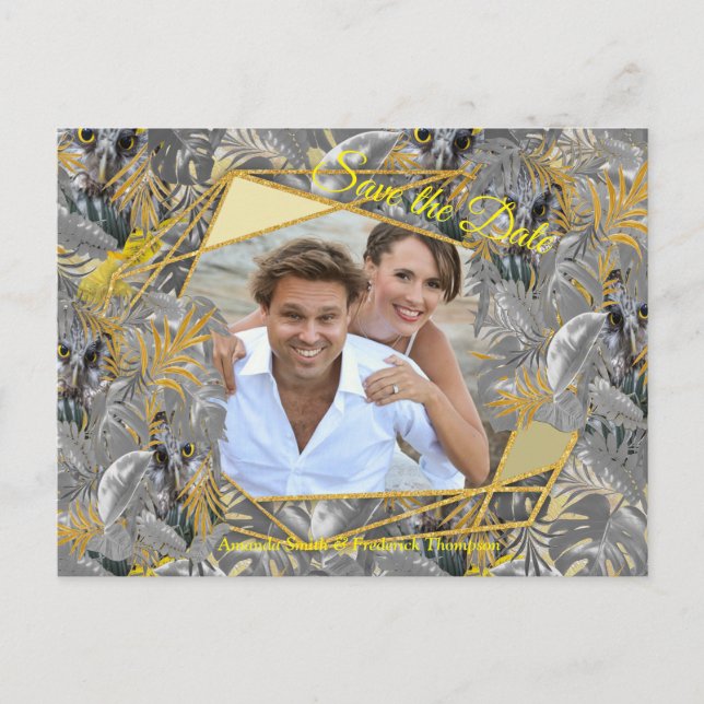 Fun Expressive in Yellow and Grey plant leaves Announcement Postcard (Front)