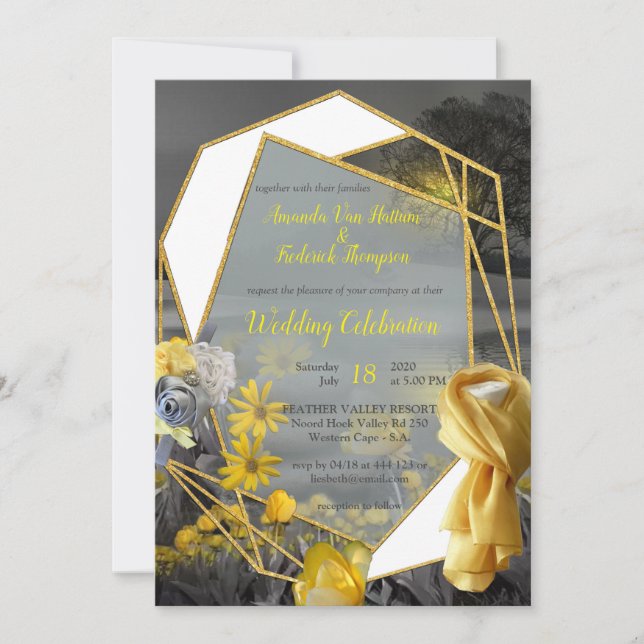 Fun Expressive in Yellow and Grey plant leaves Invitation (Front)