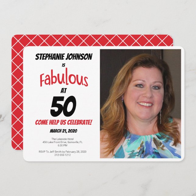 Fun Fabulous at 50 Red and Black Birthday Party Invitation (Front/Back)