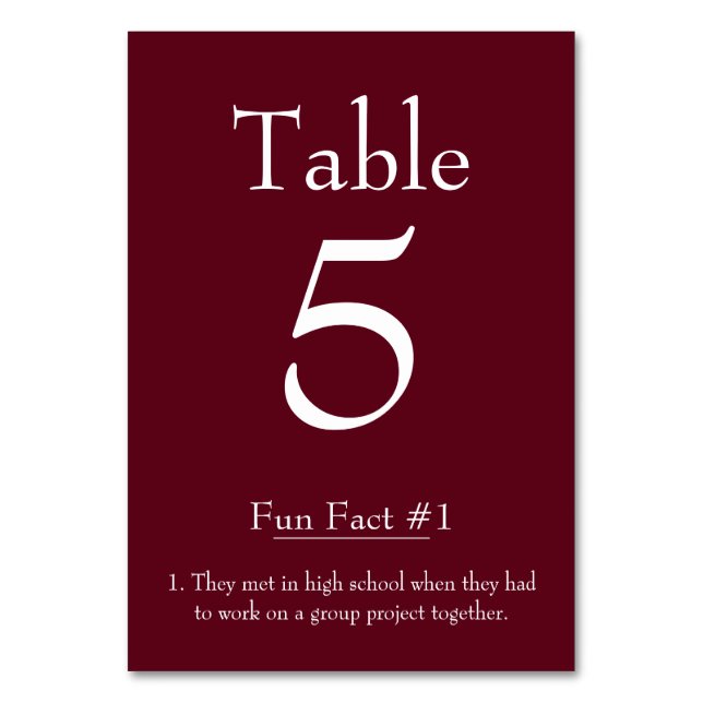 Fun Fact about the Bride and Groom Burgundy Table Number (Front)