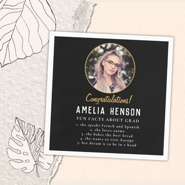Fun Fact Simple Black Graduate Photo Graduation  Napkin (Creator Uploaded)