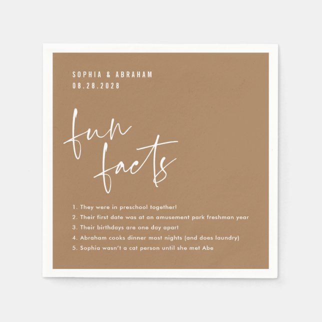 Fun Facts about the couple Camel Brown Wedding Napkin (Front)