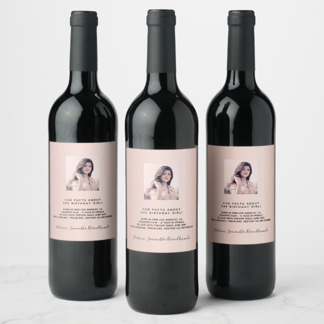 Fun facts birthday photo rose gold pink bio wine label (Bottles)