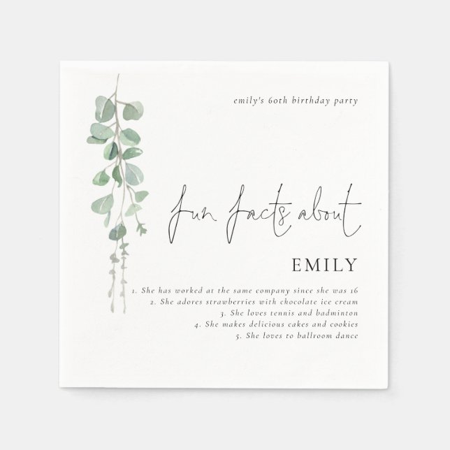 Fun Facts Eucalyptus Script 60th Birthday Party Napkin (Front)