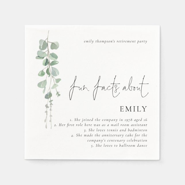 Fun Facts Eucalyptus Script Retirement Party Napkin (Front)