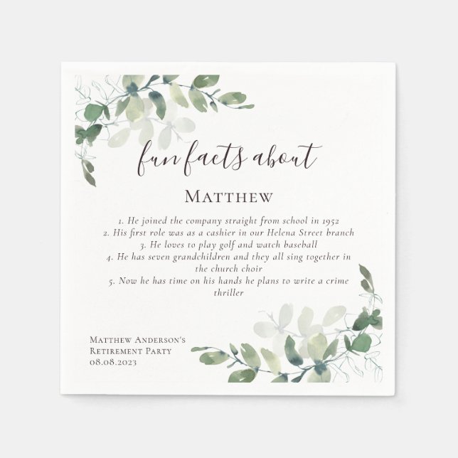 Fun Facts Eucalyptus Script Retirement Party Napkin (Front)