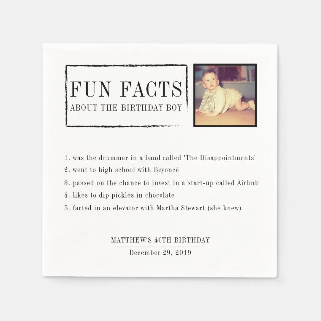 Fun Facts personalised napkins for birthdays (Front)