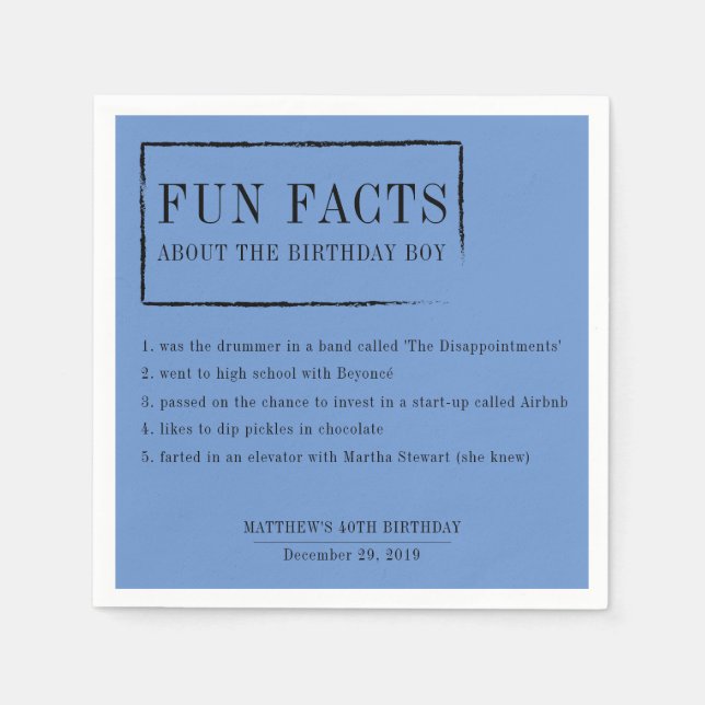 Fun Facts personalised napkins for birthdays (Front)