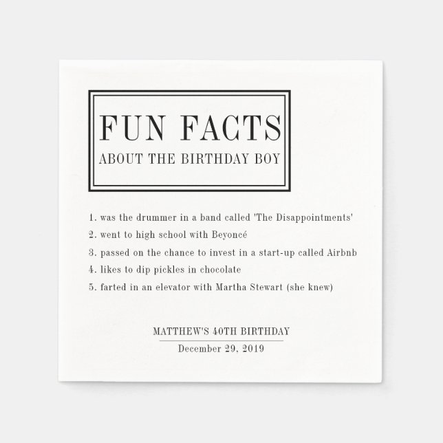 Fun Facts personalised napkins for birthdays (Front)