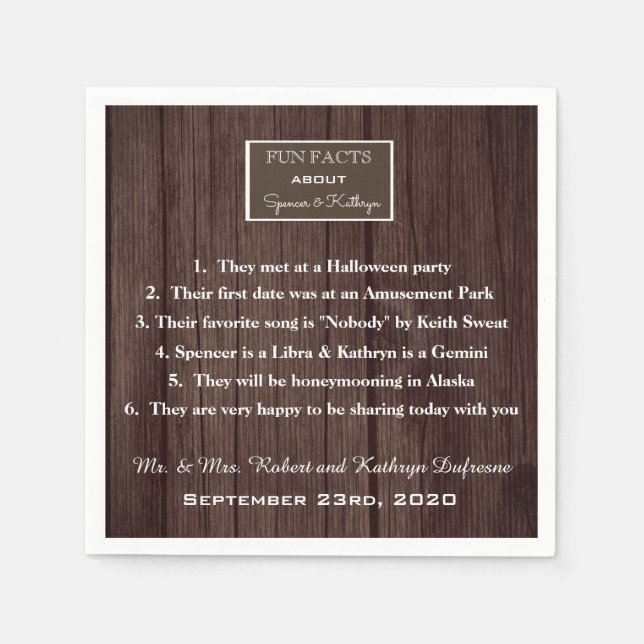 "Fun Facts" Romantic & Rustic Wedding Personalised Napkin (Front)