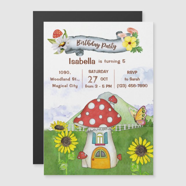 Fun Fairy Green Woodland Mushroom House Birthday Magnetic Invitation (Front/Back)