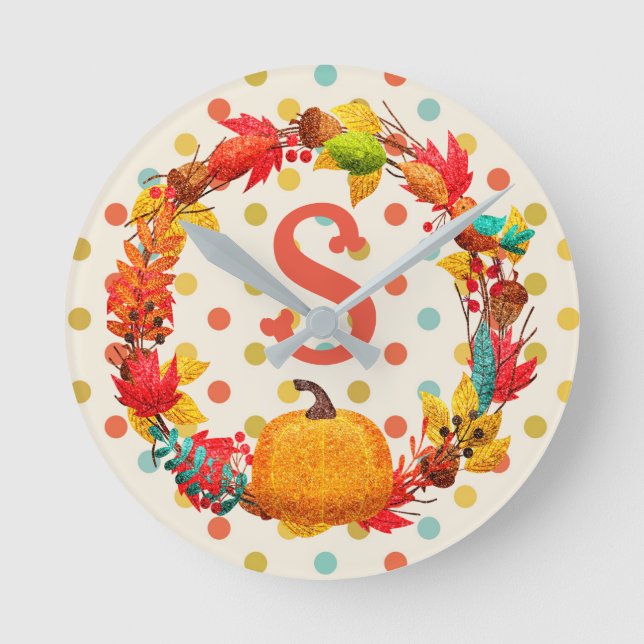 Fun fall pumpkin wreath polka dot teal orange cute round clock (Front)