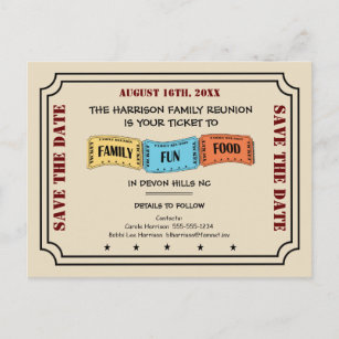Fun Family Reunion Ticket to Save the Date Announcement Postcard