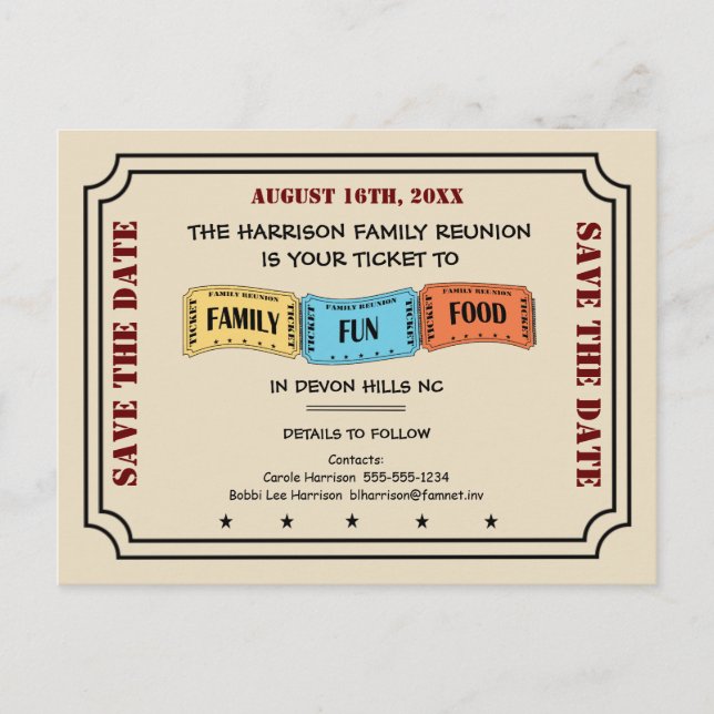 Fun Family Reunion Ticket to Save the Date Announcement Postcard (Front)