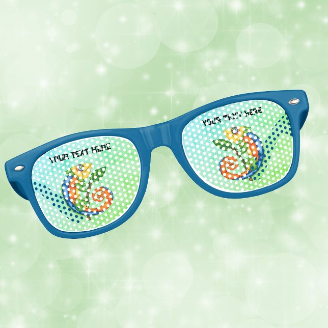 Fun Fantasy Lizard Bright Colours Blues Greens Retro Sunglasses (Fantasy cute lizard in bright colours holding twig with leaf on blue green retro party glasses.)