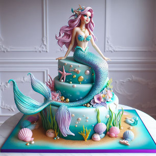 FUN FANTASY MERMAID THEMED KIDS BIRTHDAY CAKE CARD